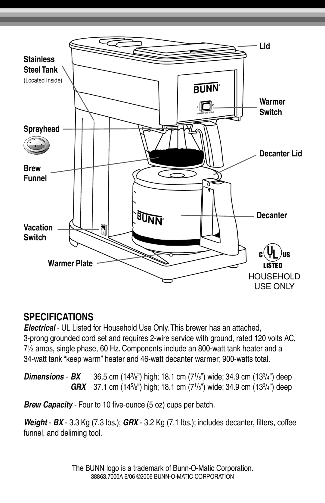 Bunn BX-W, GRX-B, GRX-W, BX-B manual Specifications 