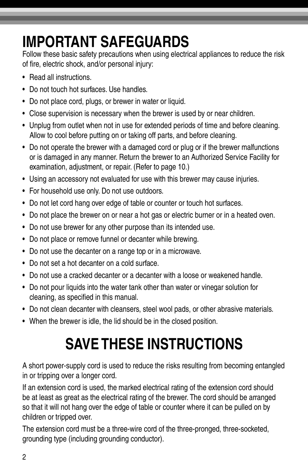 Bunn GRX-B, GRX-W, BX-W, BX-B manual Important Safeguards 