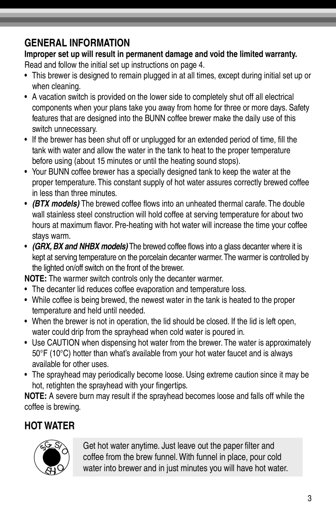 Bunn GRX-W, GRX-B, BX-W, BX-B manual General Information, HOT Water 