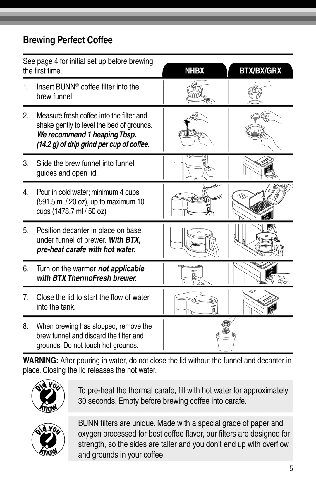 Bunn BX-B, GRX-B, GRX-W, BX-W manual Brewing Perfect Coffee, See page 4 for initial set up before brewing, ﬁrst time 