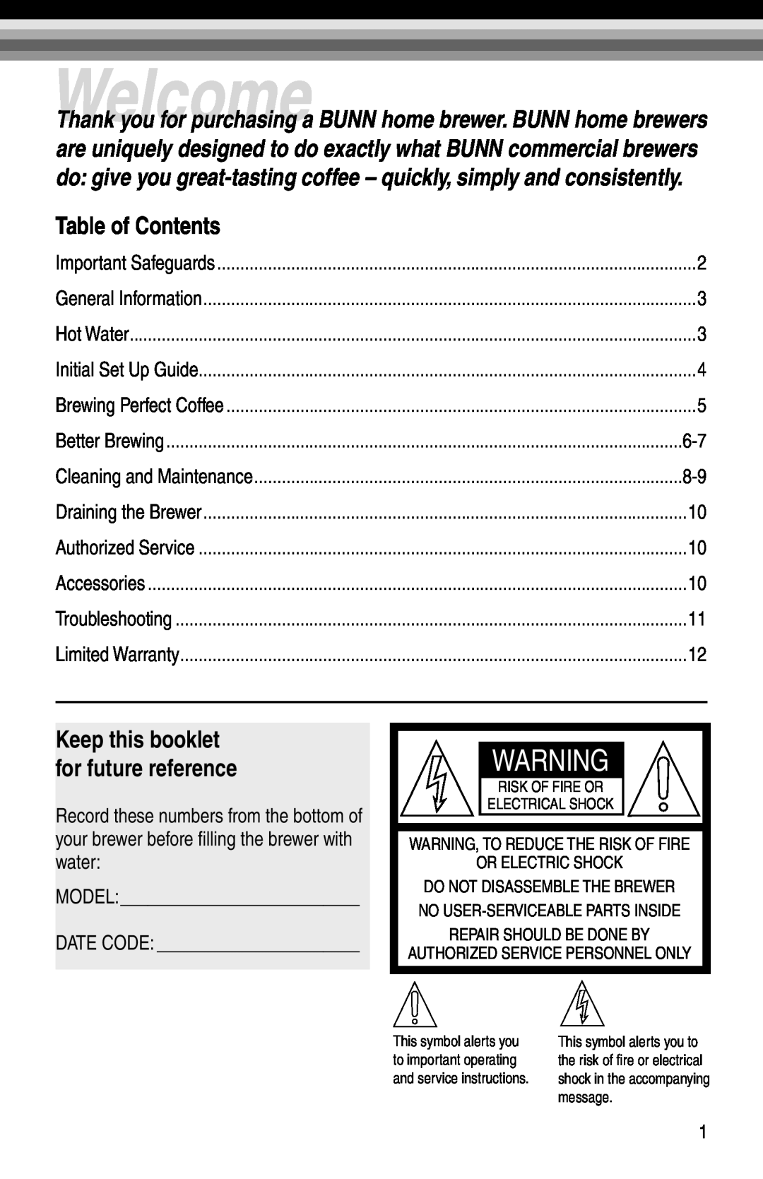 Bunn BX-B, GRX-B, GRX-W, BX-W manual Table of Contents, Welcome, Keep this booklet for future reference 
