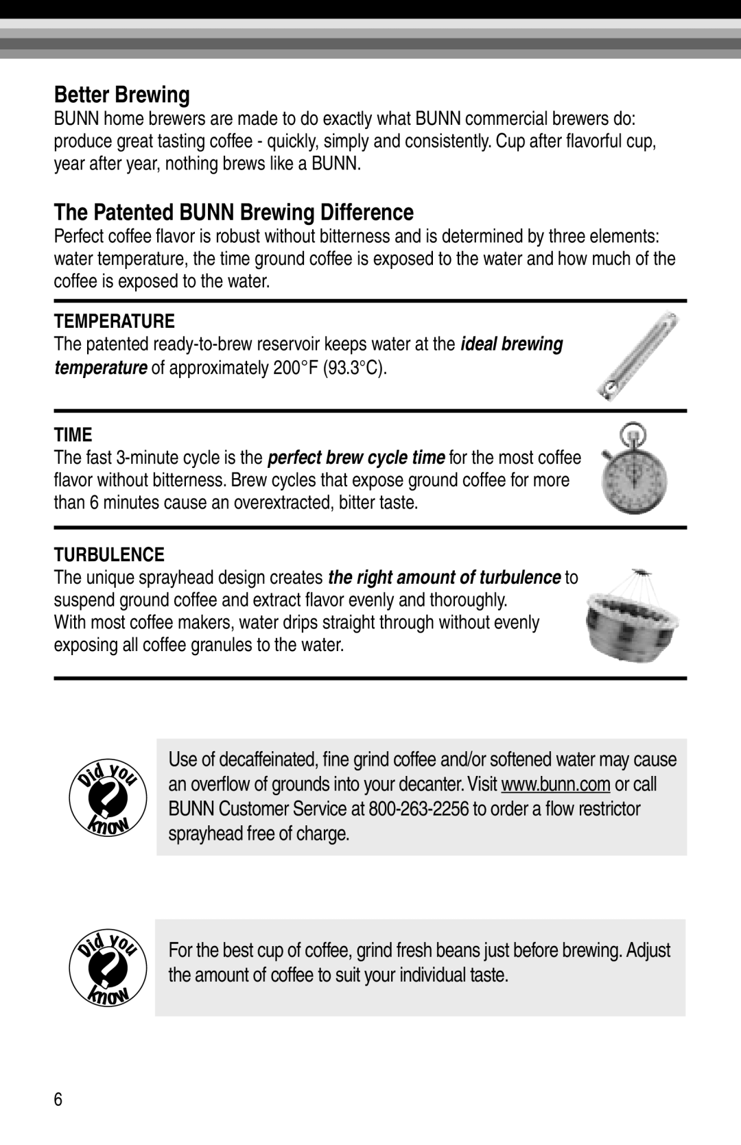 Bunn BX-W, GRX-B, GRX-W manual Better Brewing, Patented Bunn Brewing Difference, Temperature, Time, Turbulence 