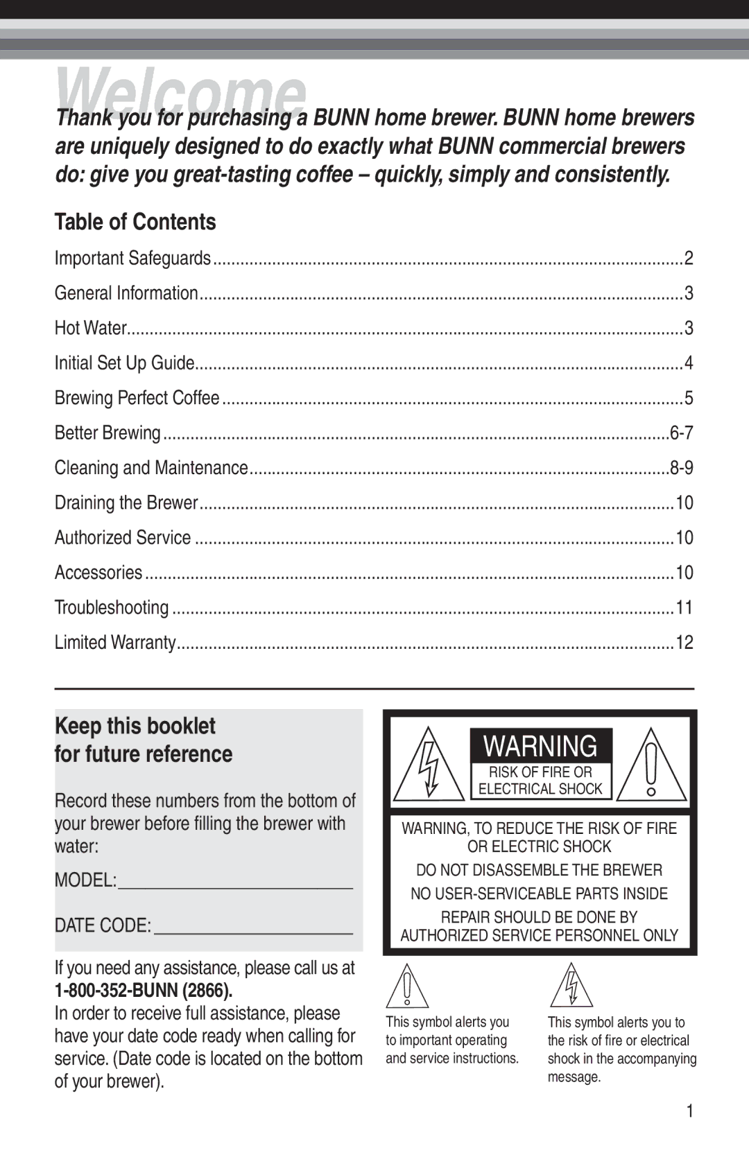 Bunn GRX manual Welcome, Table of Contents 