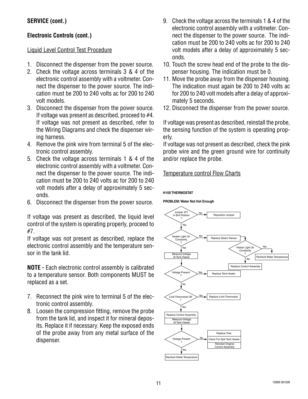 Bunn H10X service manual Service Electronic Controls, Liquid Level Control Test Procedure 