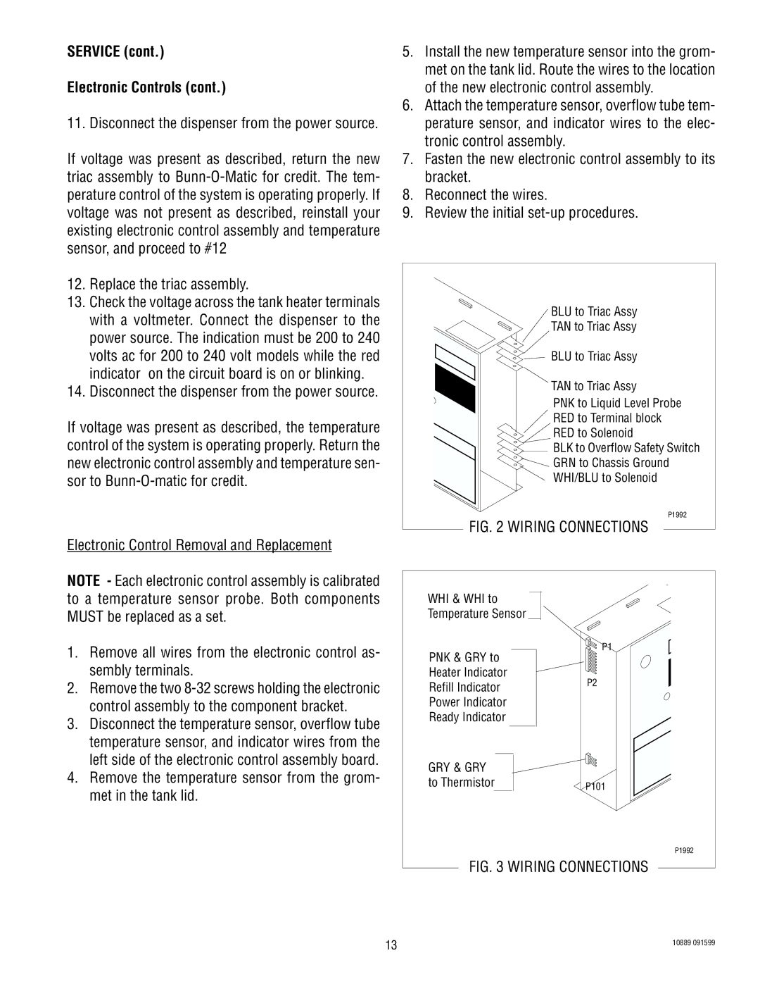 Bunn H10X service manual Replace the triac assembly, Electronic Control Removal and Replacement 