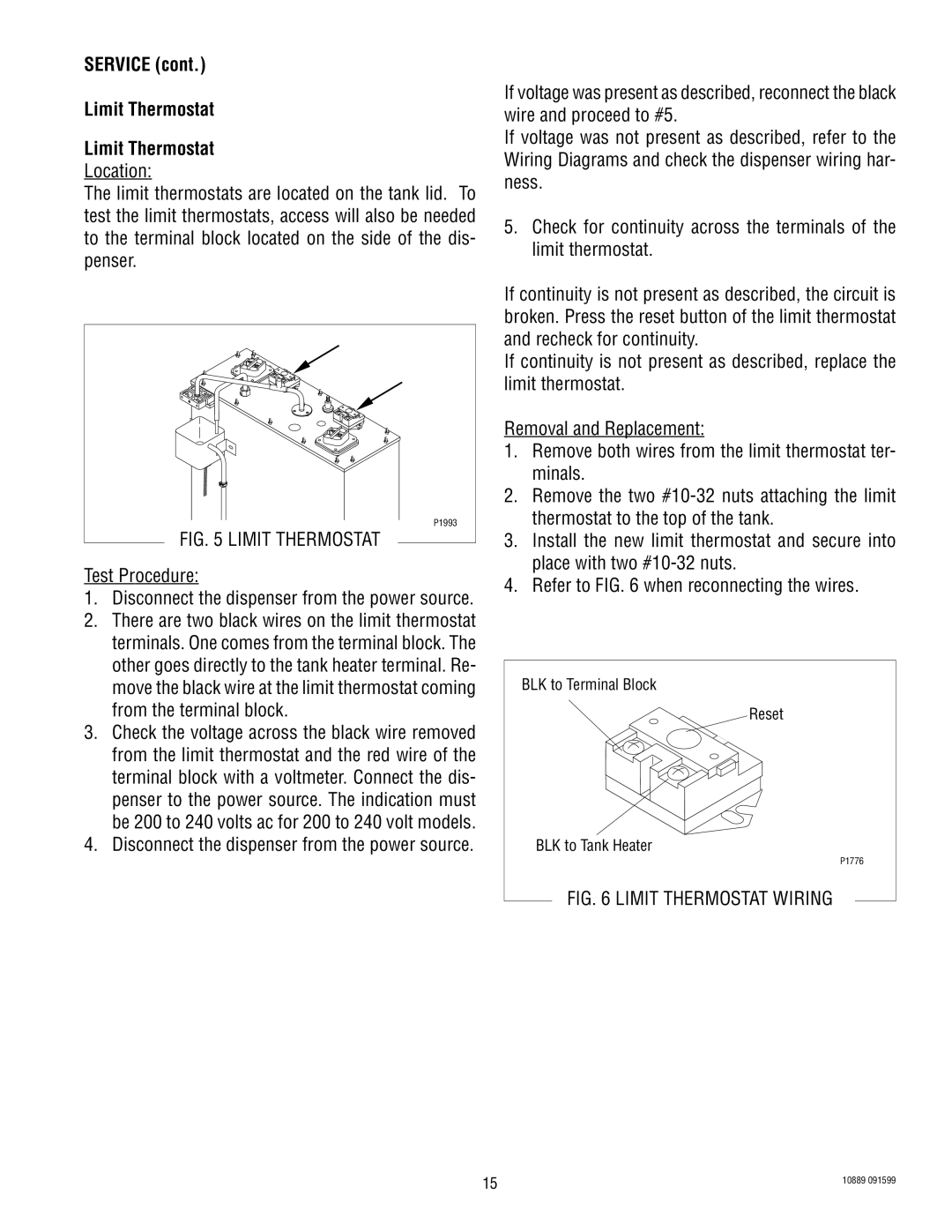 Bunn H10X service manual Service Limit Thermostat, Test Procedure 