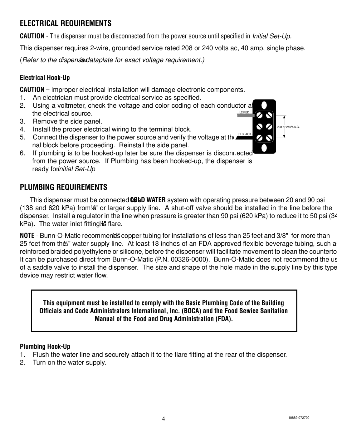 Bunn H10X service manual Electrical Requirements, Plumbing Requirements, Electrical Hook-Up 