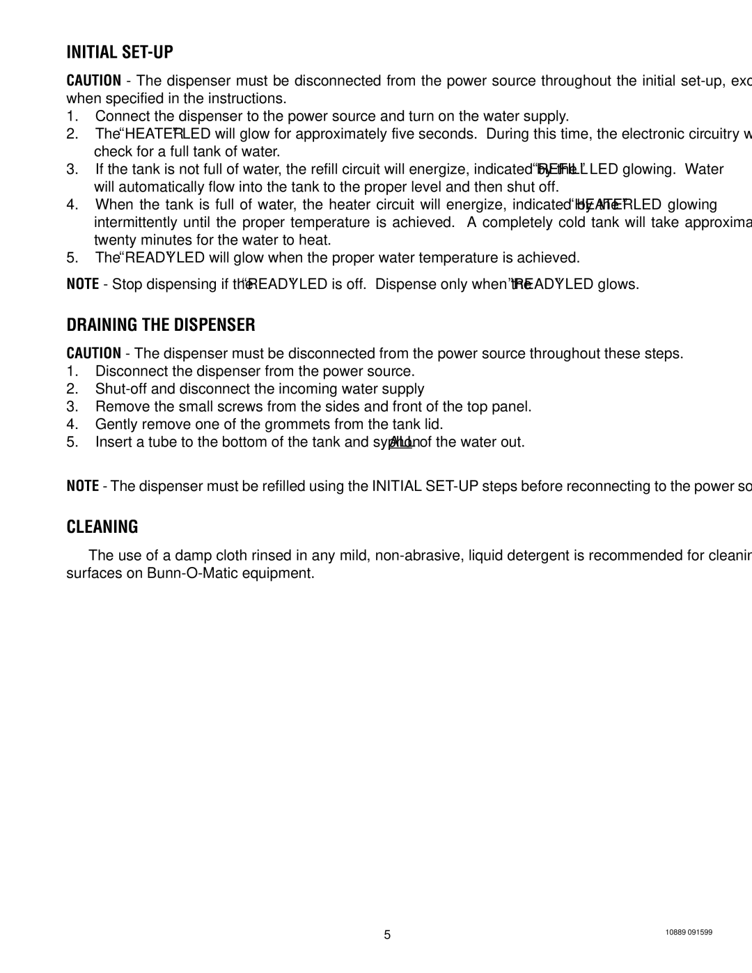 Bunn H10X service manual Initial SET-UP, Draining the Dispenser, Cleaning 