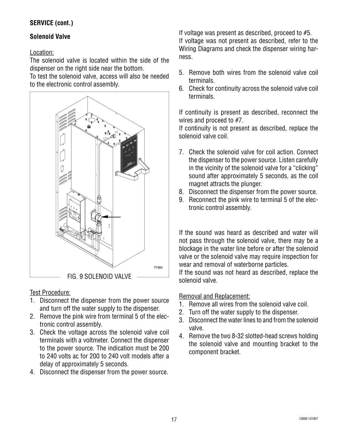 Bunn H10X manual Service Solenoid Valve 