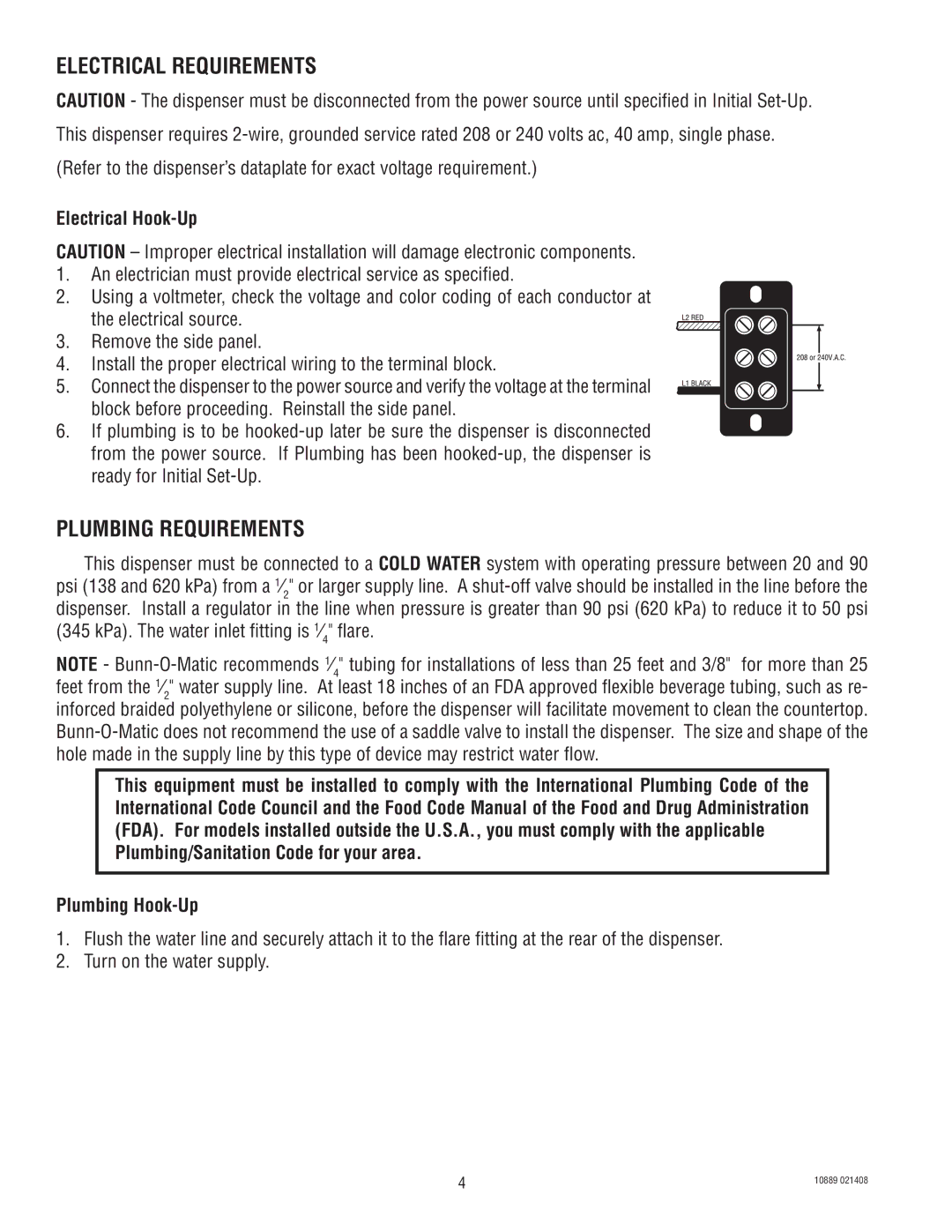 Bunn H10X manual Electrical Requirements, Plumbing Requirements, Electrical Hook-Up 