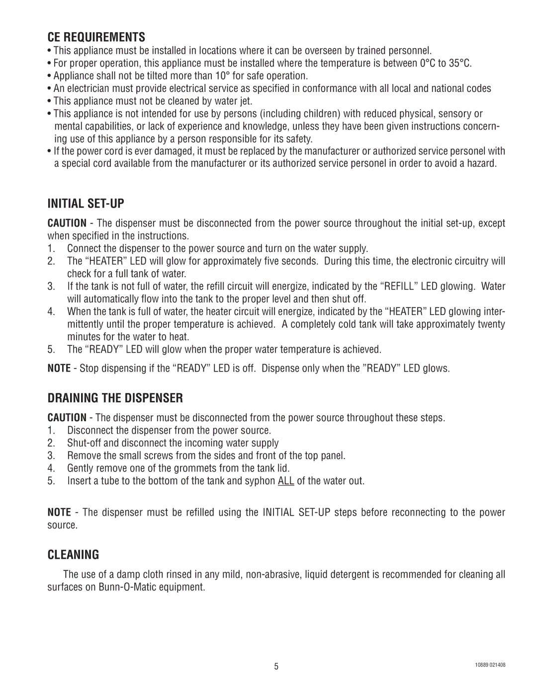 Bunn H10X manual CE Requirements, Initial SET-UP, Draining the Dispenser, Cleaning 