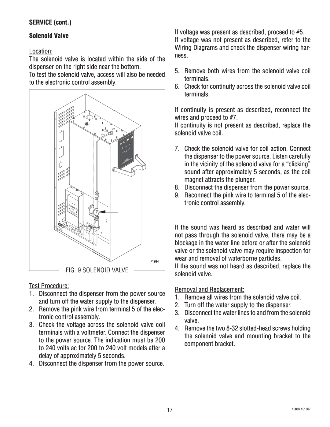 Bunn H10X manual SERVICE cont Solenoid Valve, P1994 