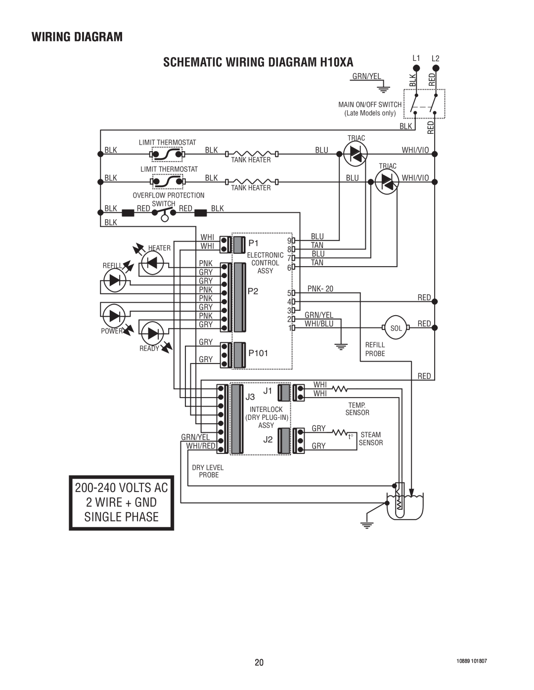 Bunn manual WIRING DIAGRAM SCHEMATIC WIRING DIAGRAM H10XA, Volts Ac, Wire + Gnd Single Phase, P101 