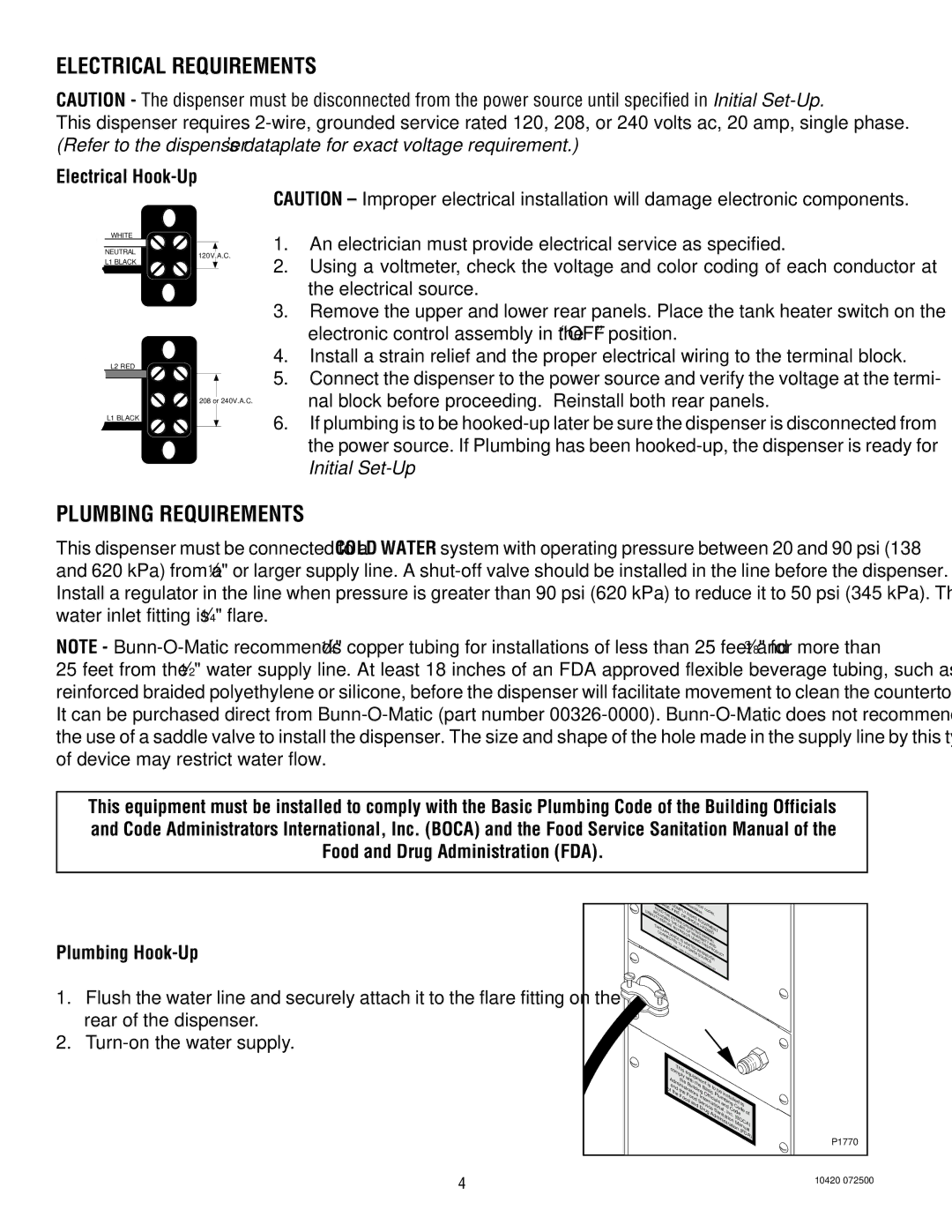 Bunn H5E H5X service manual Electrical Requirements, Plumbing Requirements, Electrical Hook-Up 