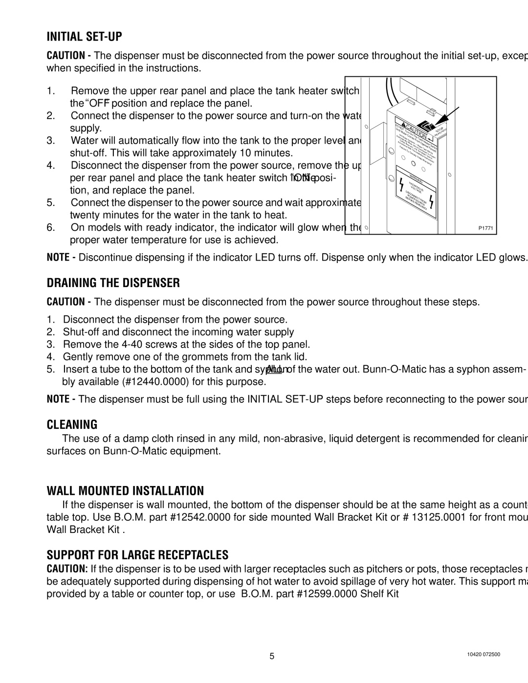 Bunn H5E H5X Initial SET-UP, Draining the Dispenser, Cleaning, Wall Mounted Installation, Support for Large Receptacles 