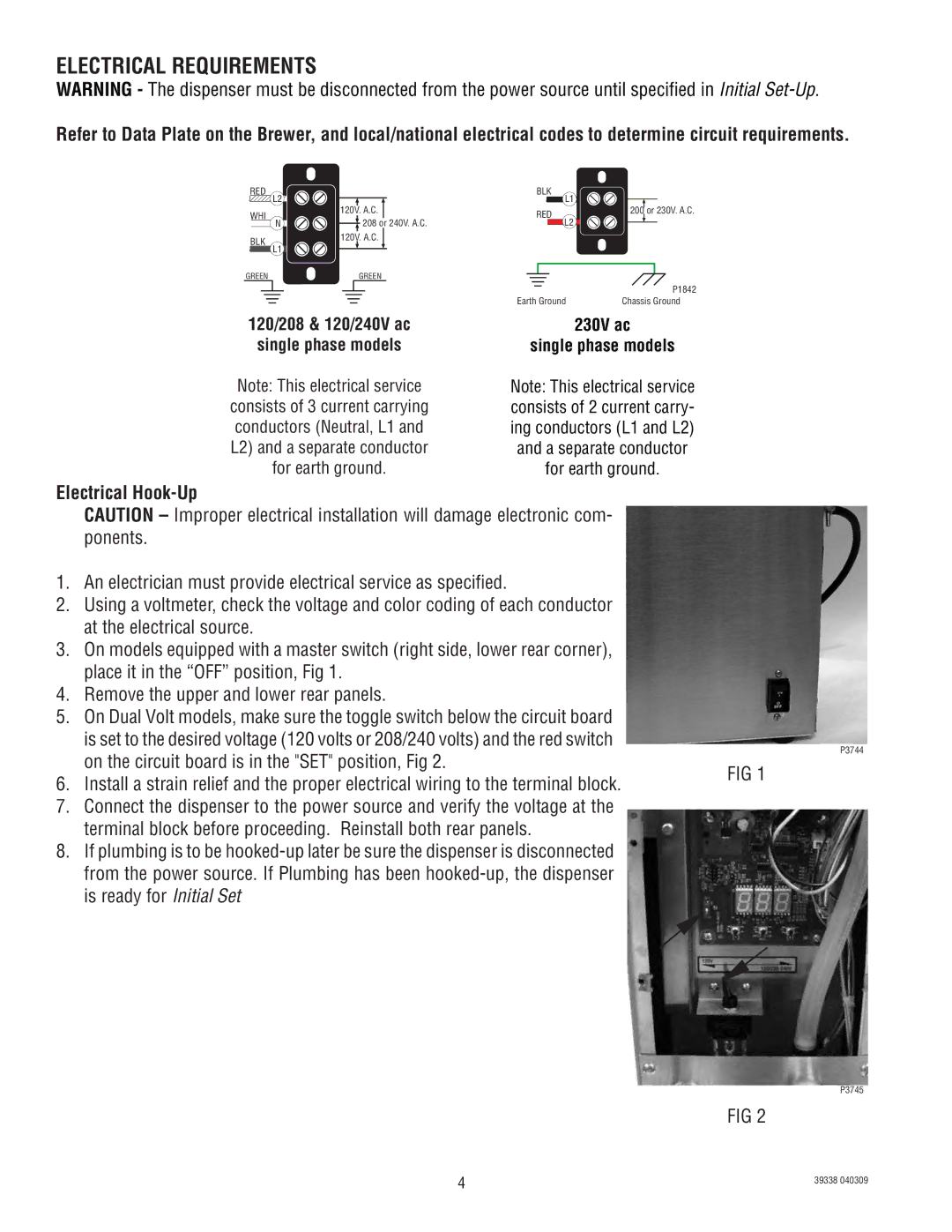 Bunn H5EA PC service manual Electrical Requirements, 120/208 & 120/240V ac 