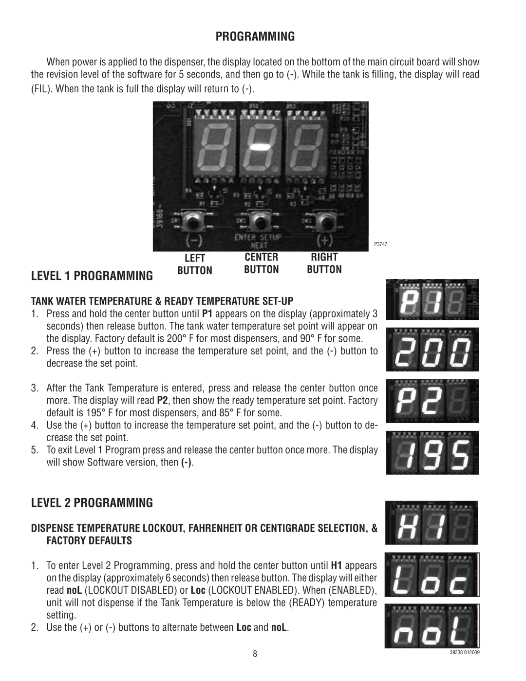 Bunn H5EA PC service manual Level 2 Programming, Center, Button, Tank Water Temperature & Ready Temperature SET-UP 