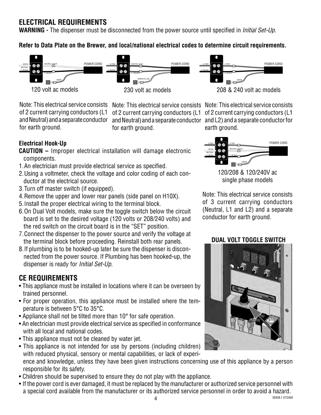 Bunn H5E, H5X, DV PC manual Electrical Requirements, CE Requirements, Electrical Hook-Up, Dual Volt Toggle Switch 