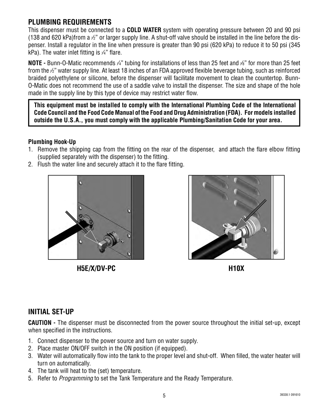 Bunn DV PC, H5X manual Plumbing Requirements, H5E/X/DV-PC, Initial SET-UP, Plumbing Hook-Up 