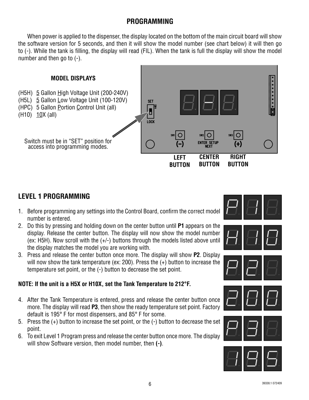 Bunn H5X, H5E, DV PC manual Level 1 Programming, Model Displays, Left Button 