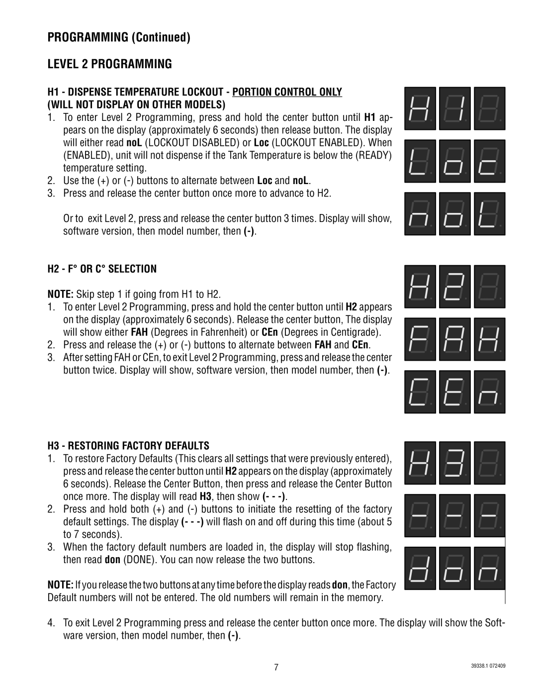 Bunn H5E, H5X, DV PC manual Level 2 Programming, H2 F or C Selection, H3 Restoring Factory Defaults 