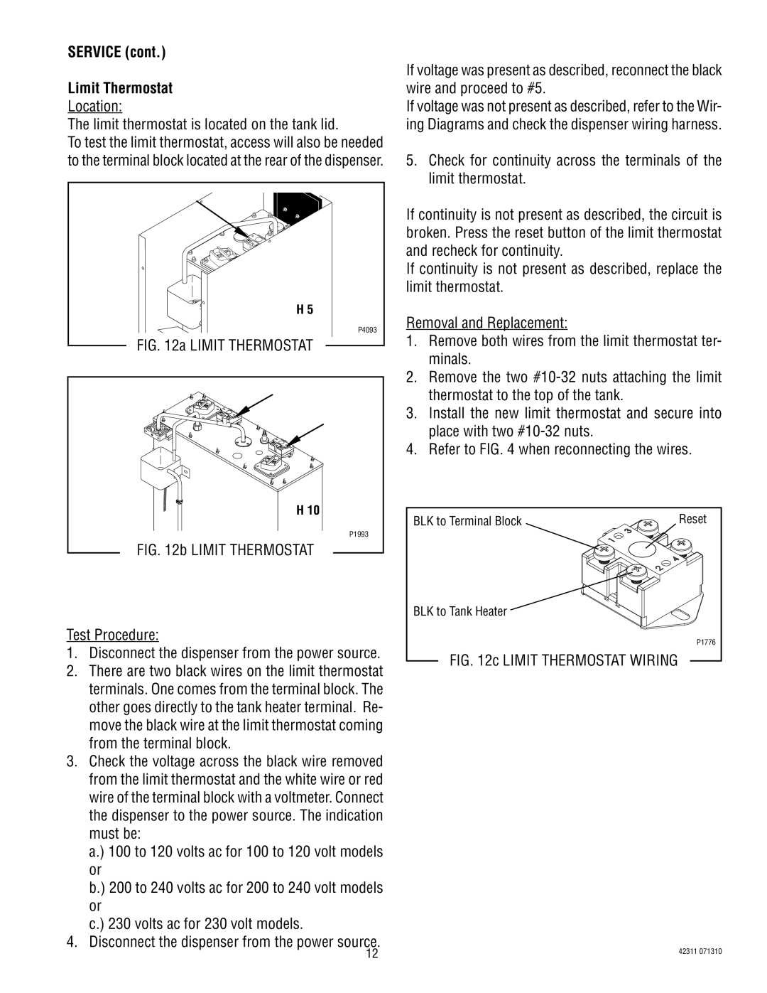 Bunn H5X, H5E, DV service manual Service Limit Thermostat, Location Limit thermostat is located on the tank lid 