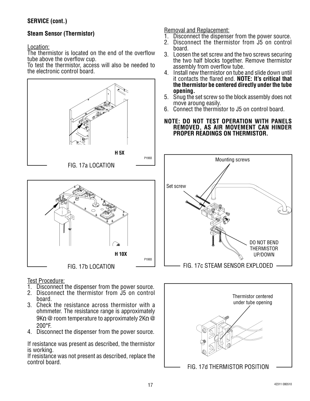 Bunn DV, H5X, H5E service manual Service Steam Sensor Thermistor, Thermistor Position 