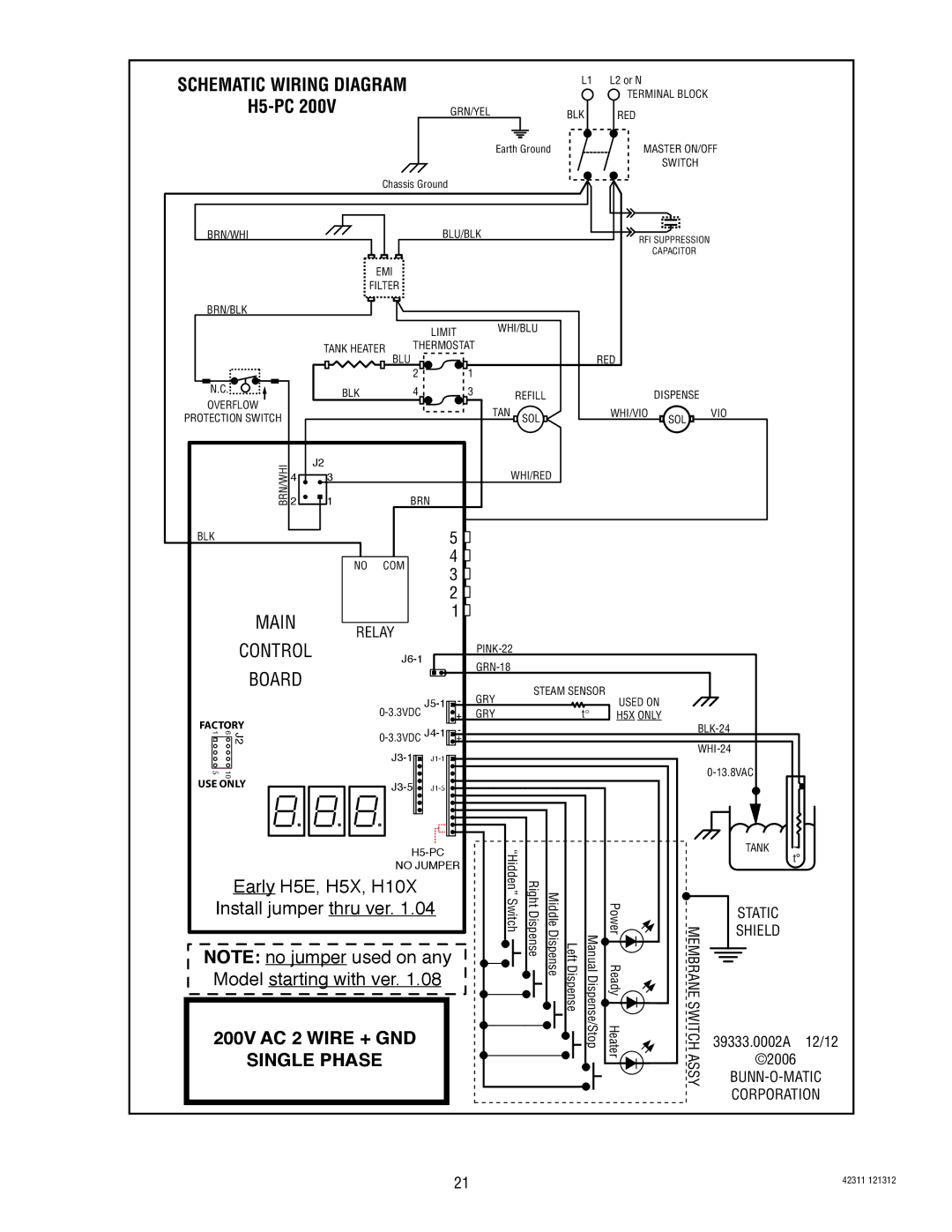 Bunn H5X, H5E, DV service manual Schematic Wiring Diagram, H5-PC 