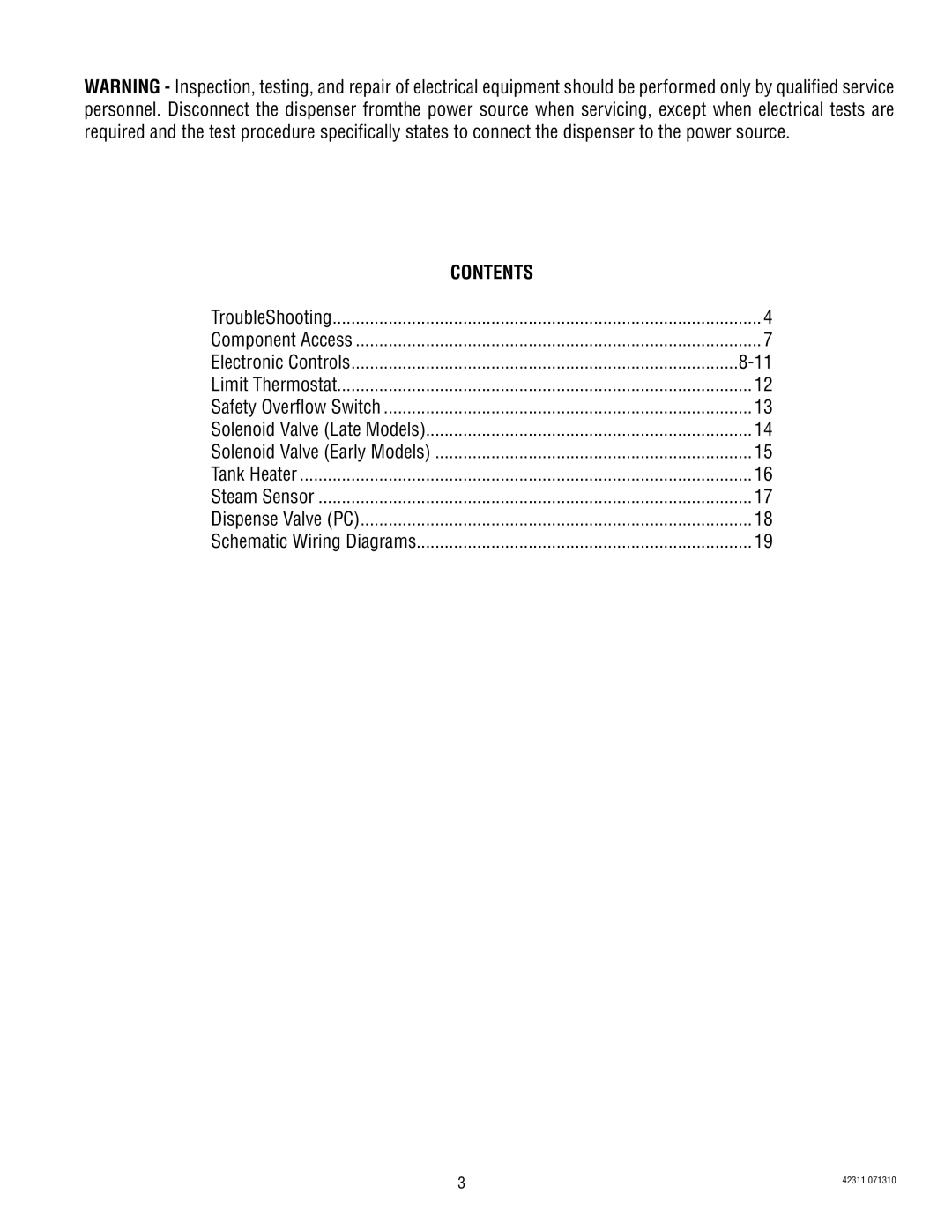 Bunn H5X, H5E, DV service manual Contents 