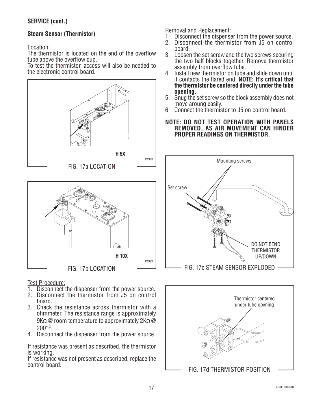 Bunn DV, H5X, H5E manual Service Steam Sensor Thermistor, Thermistor Position 