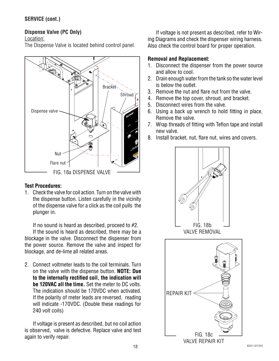 Bunn H5X, H5E, DV manual Service Dispense Valve PC Only, Location Dispense Valve is located behind control panel 