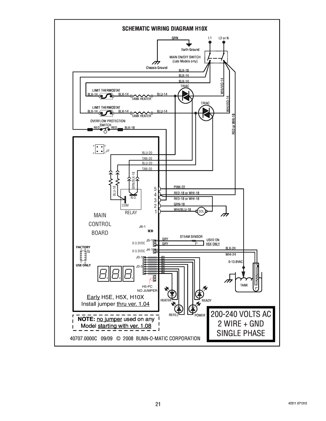 Bunn Volts Ac, Wire + Gnd, Single Phase, SCHEMATIC WIRING DIAGRAM H10X, Early H5E, H5X, H10X, Install jumper thru ver 