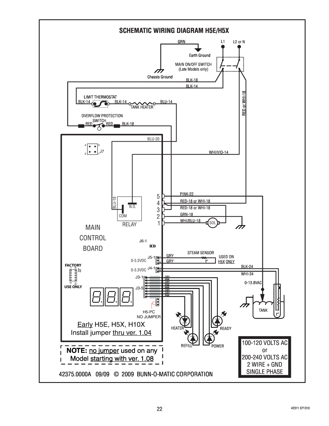 Bunn Main, SCHEMATIC WIRING DIAGRAM H5E/H5X, Early H5E, H5X, H10X, Install jumper thru ver, NOTE no jumper used on any 