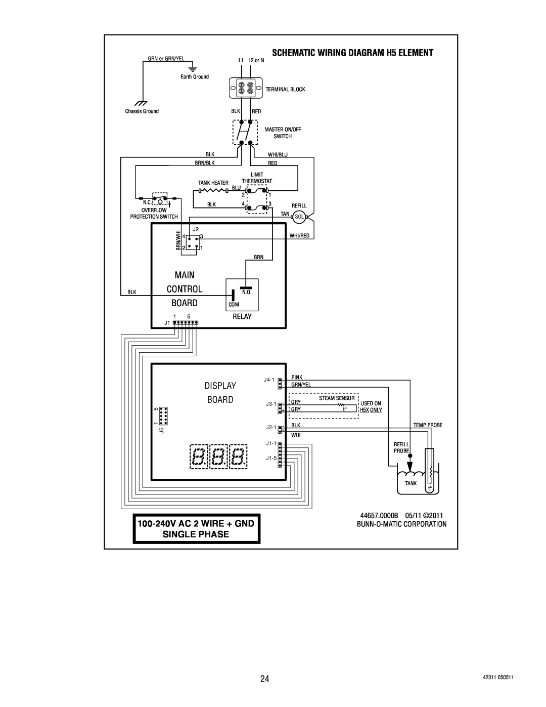 Bunn H5X SCHEMATIC WIRING DIAGRAM H5 ELEMENT, Display, Board, 100-240V AC 2 WIRE + GND, Single Phase, Main, Control, Relay 