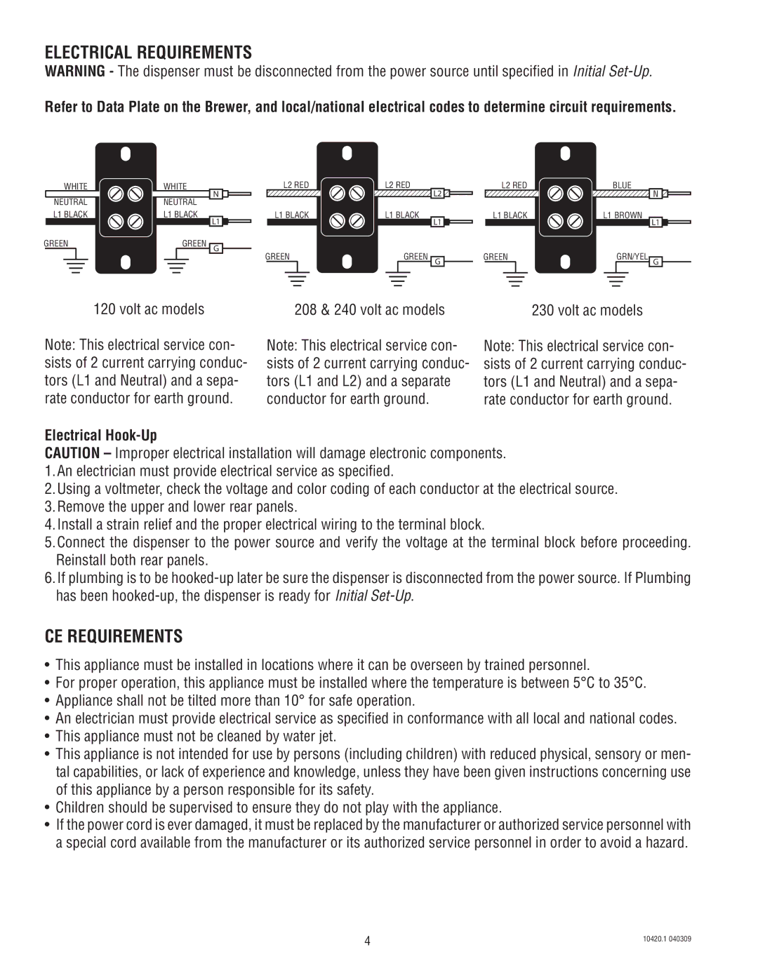 Bunn H5X service manual Electrical Requirements, CE Requirements, Electrical Hook-Up 