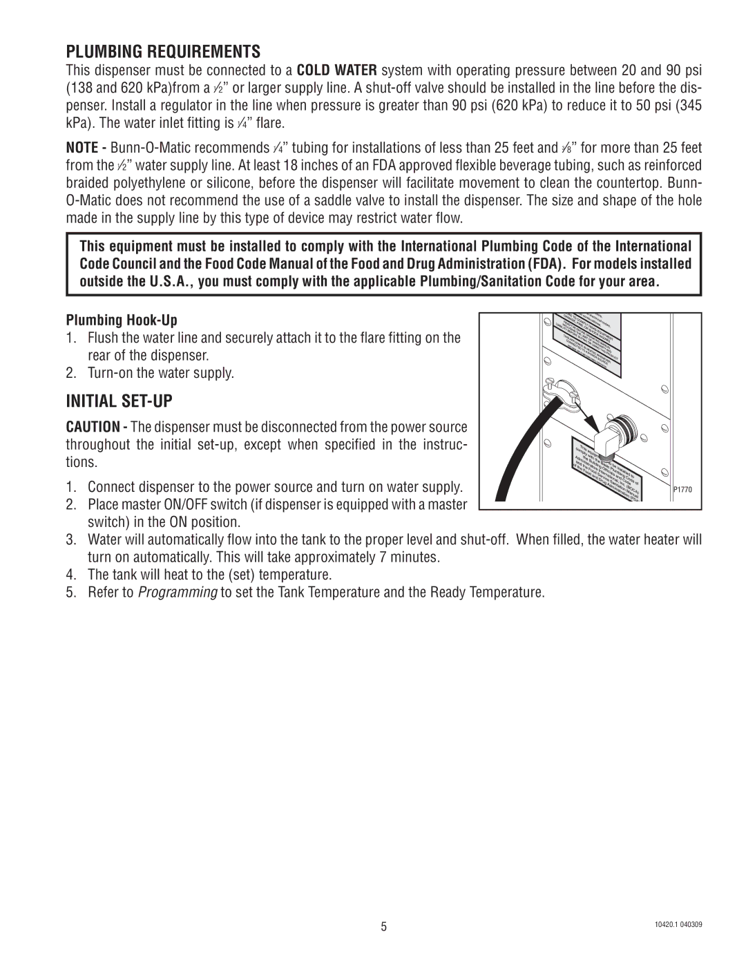 Bunn H5X service manual Plumbing Requirements, Initial SET-UP, Plumbing Hook-Up 