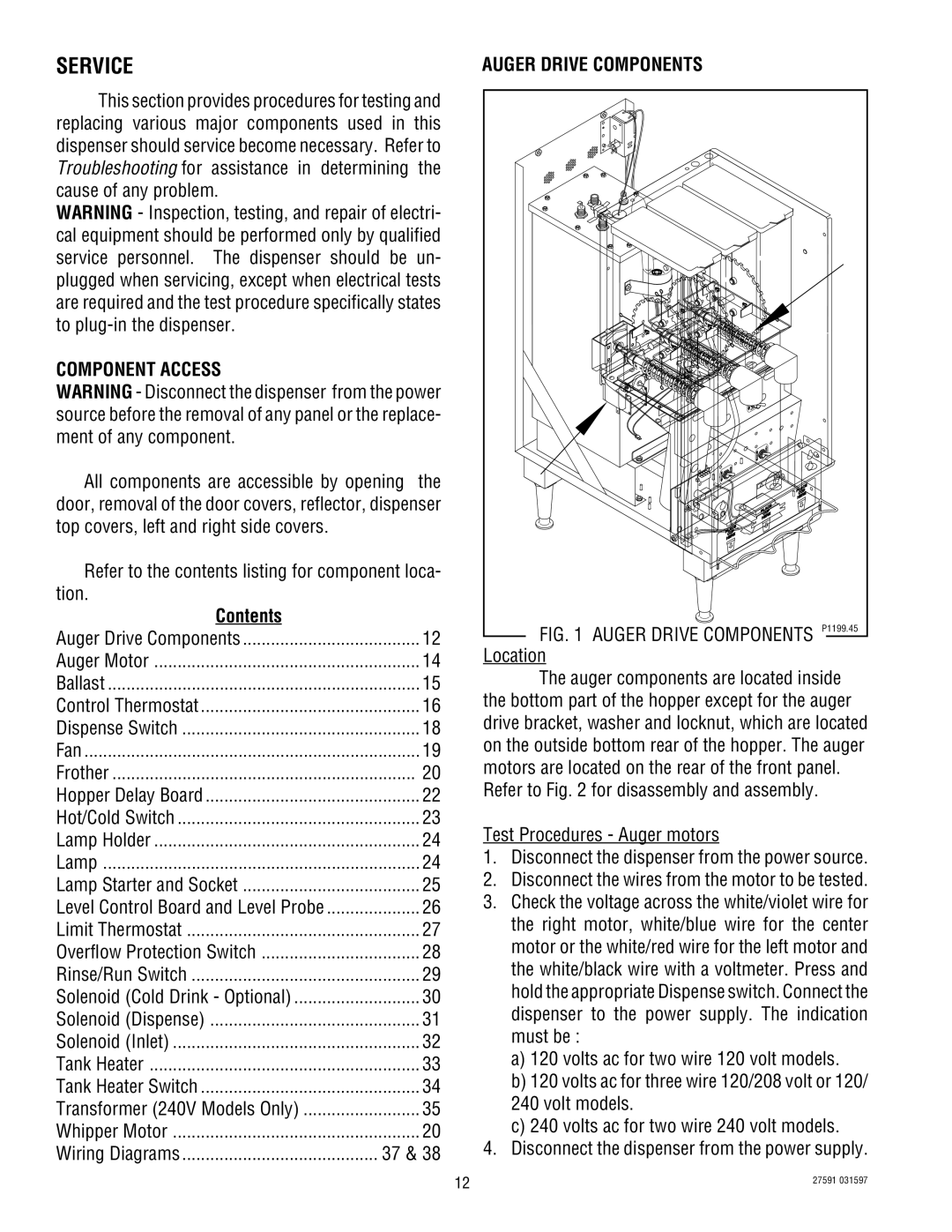 Bunn HC-2 HC-3 service manual Service, Component Access, Contents, Auger Drive Components 