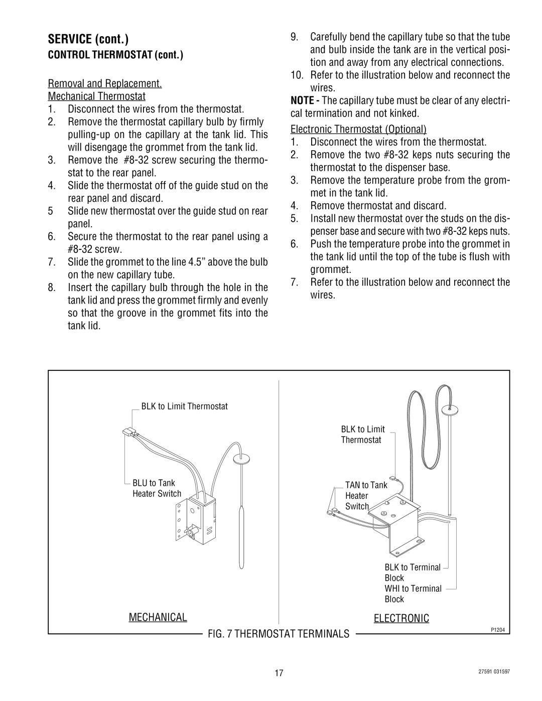 Bunn HC-2 HC-3 service manual Control Thermostat, Thermostat Terminals 