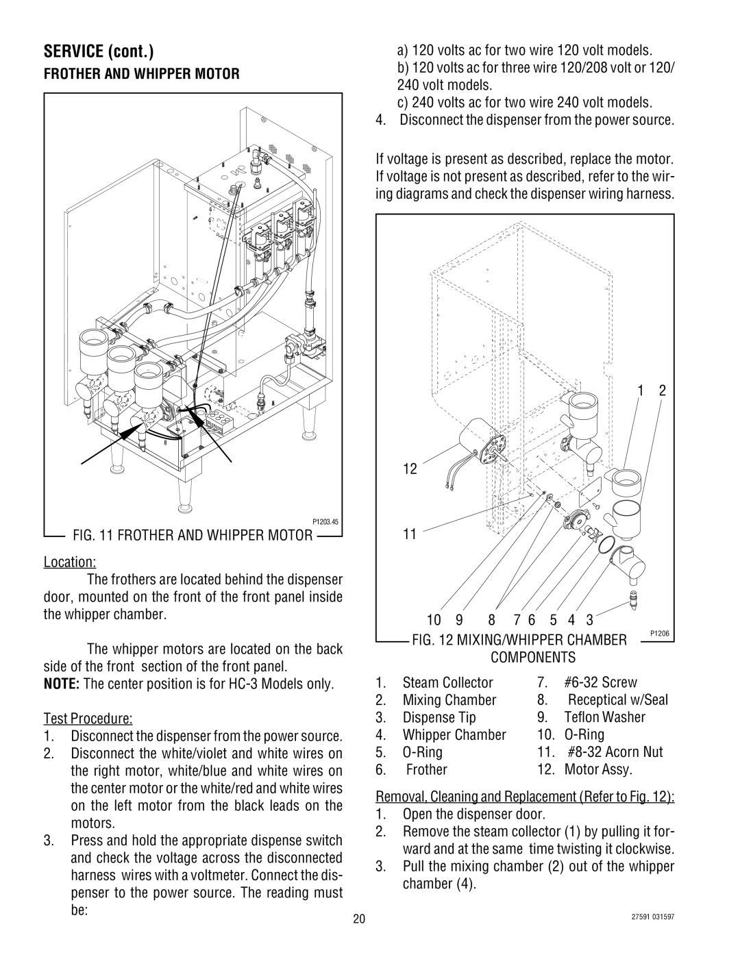 Bunn HC-2 HC-3 service manual Frother and Whipper Motor, Steam Collector #6-32 Screw Mixing Chamber, Ring 