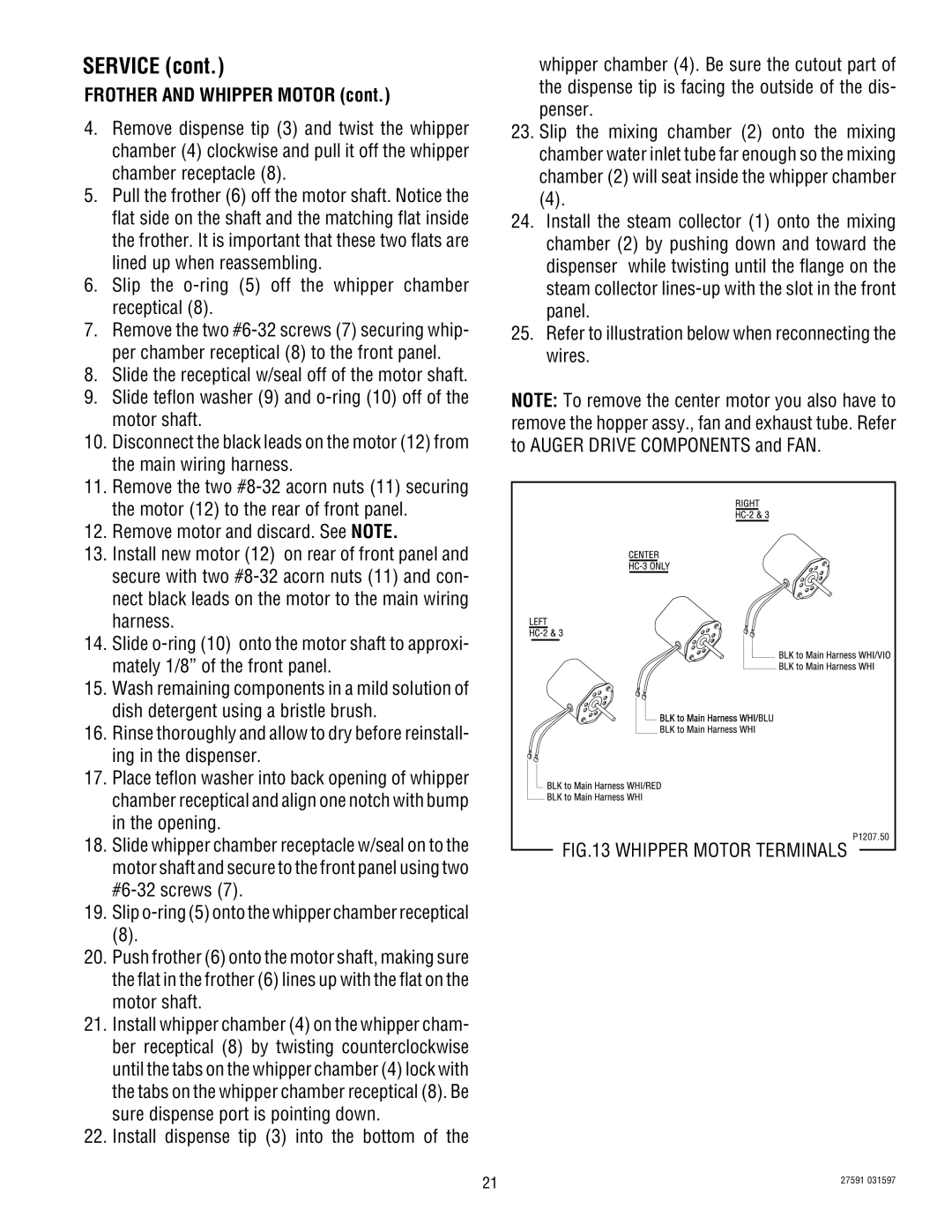 Bunn HC-2 HC-3 service manual Frother and Whipper Motor, Whipper Motor Terminals 