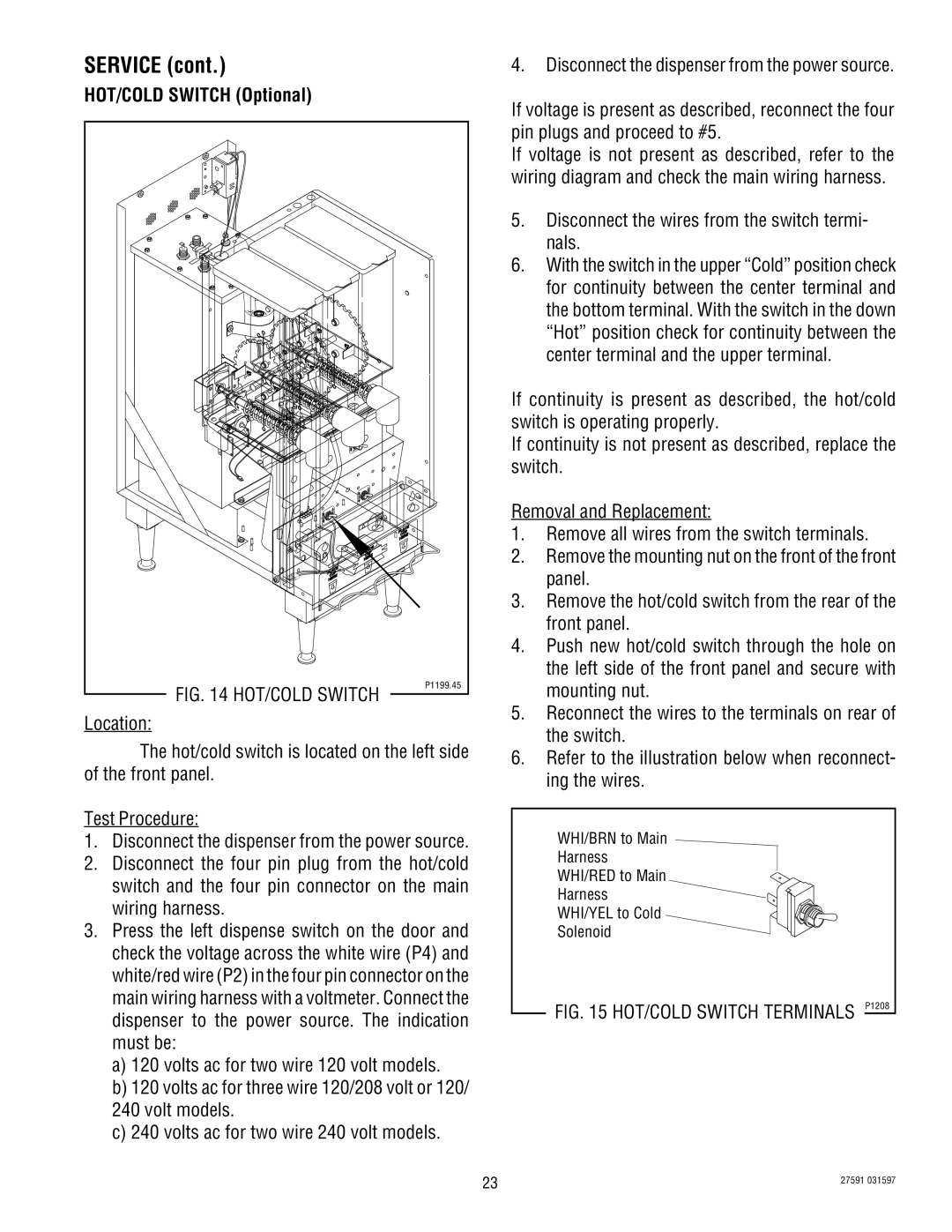 Bunn HC-2 HC-3 service manual HOT/COLD Switch Optional, Disconnect the wires from the switch termi- nals 