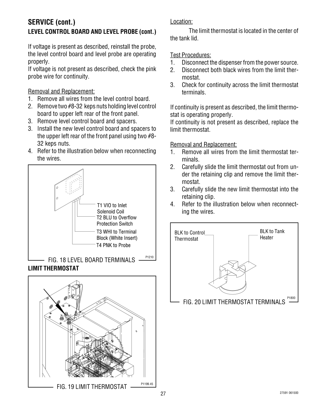 Bunn HC-2 HC-3 service manual Level Board Terminals, Limit Thermostat 