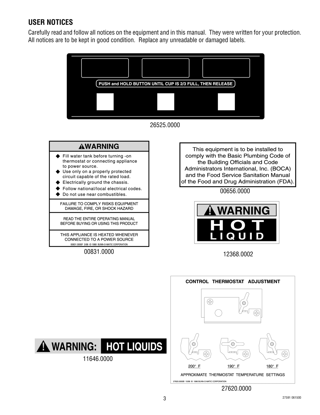 Bunn HC-2 HC-3 service manual User Notices, 12368.0002, 27620.0000 