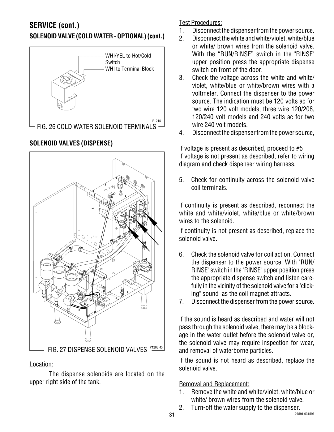 Bunn HC-2 HC-3 service manual Cold Water Solenoid Terminals, Solenoid Valves Dispense 