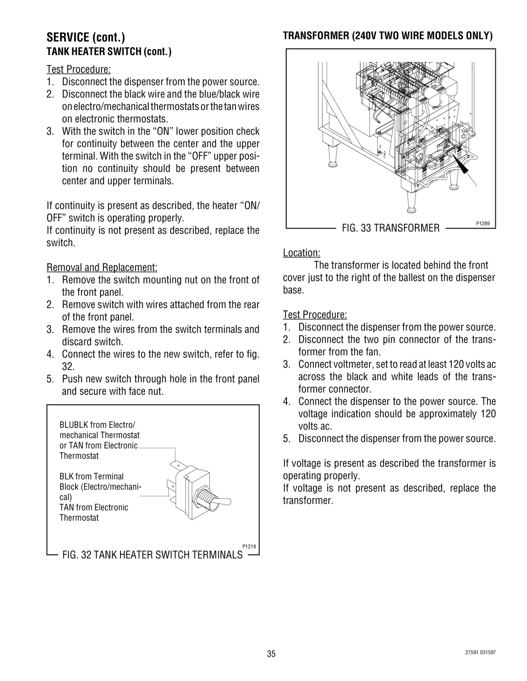 Bunn HC-2 HC-3 service manual Tank Heater Switch Terminals 