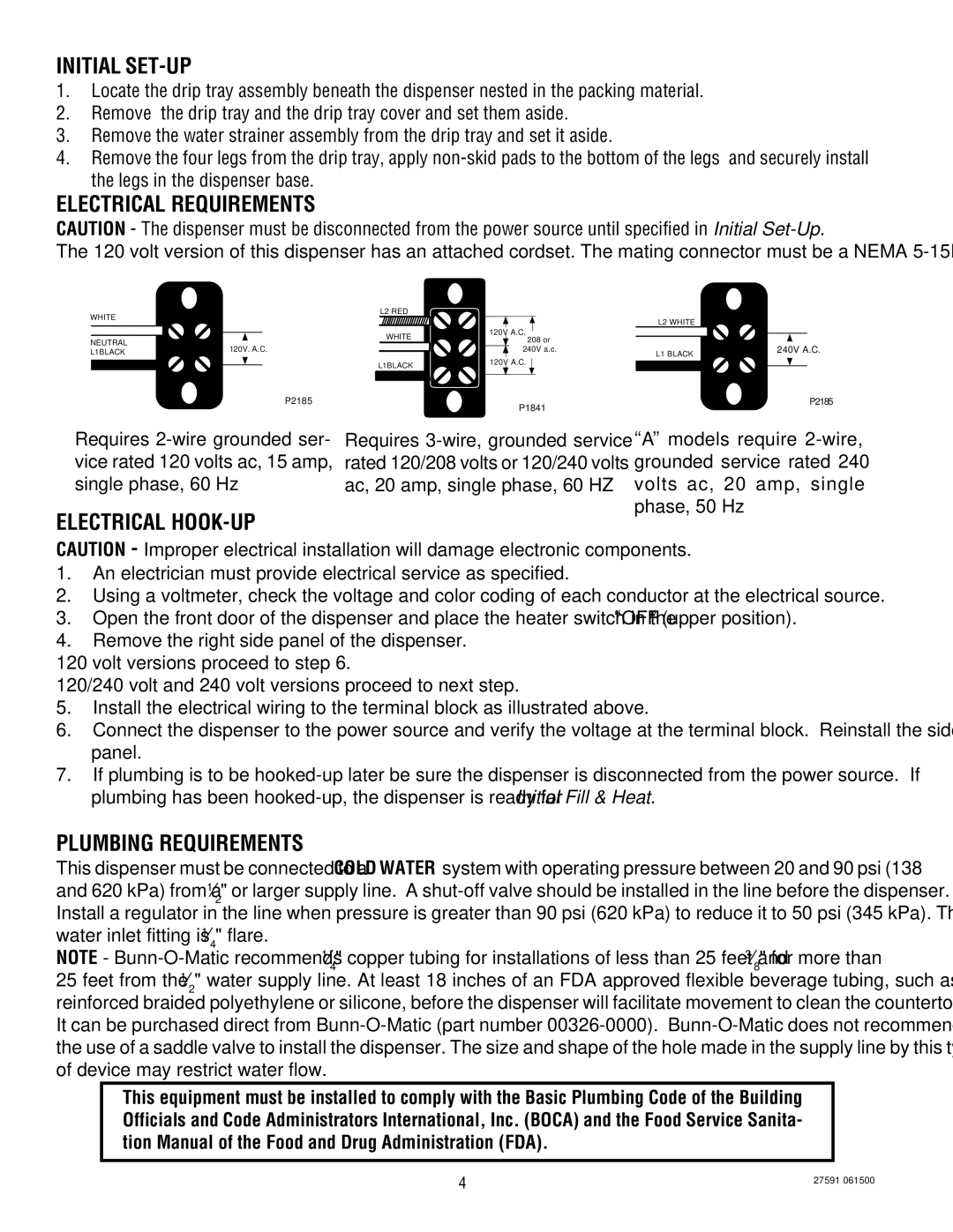 Bunn HC-2 HC-3 service manual Initial SET-UP, Electrical Requirements, Electrical HOOK-UP, Plumbing Requirements 