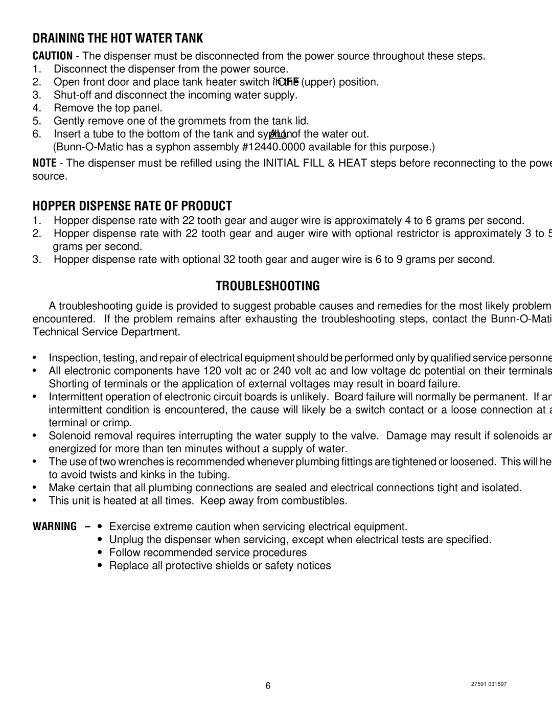 Bunn HC-2 HC-3 service manual Draining the HOT Water Tank, Hopper Dispense Rate of Product, Troubleshooting 