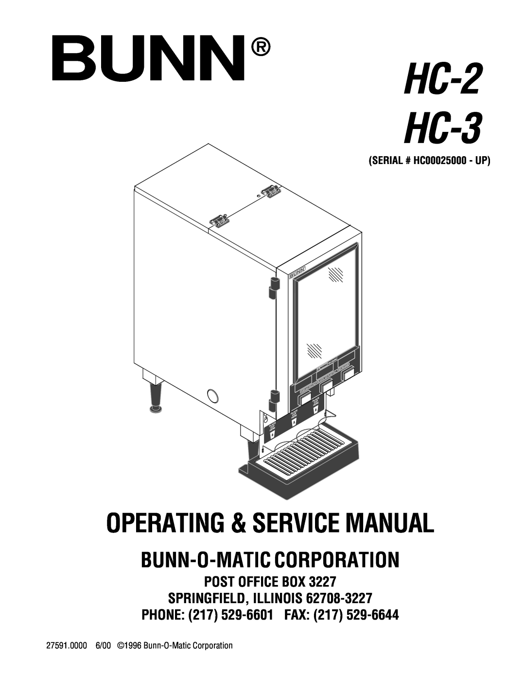 Bunn HC-2 HC-3 service manual SERIAL # HC00025000 - UP, BUNNHC-2, Bunn-O-Matic Corporation 