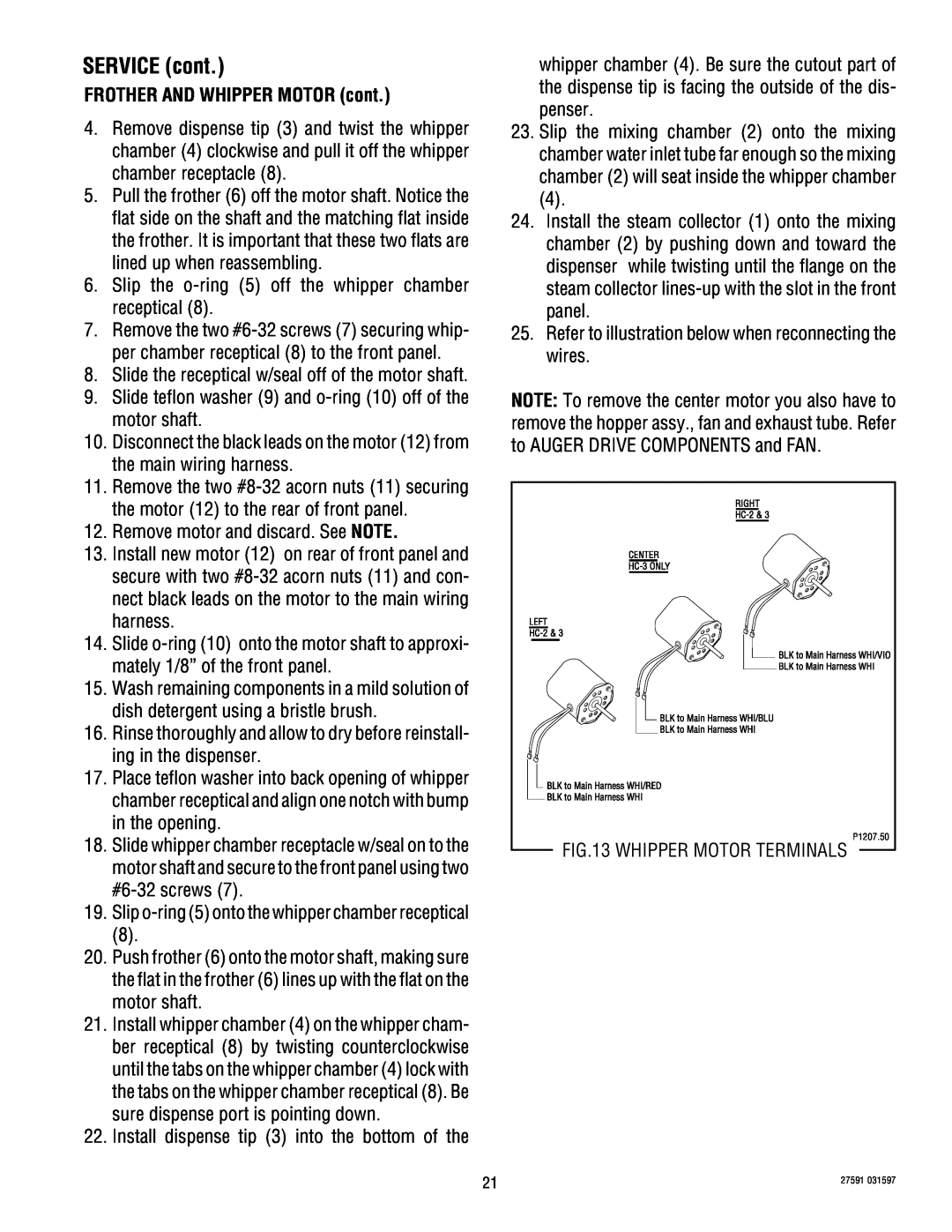 Bunn HC-2 HC-3 service manual FROTHER AND WHIPPER MOTOR cont, SERVICE cont 