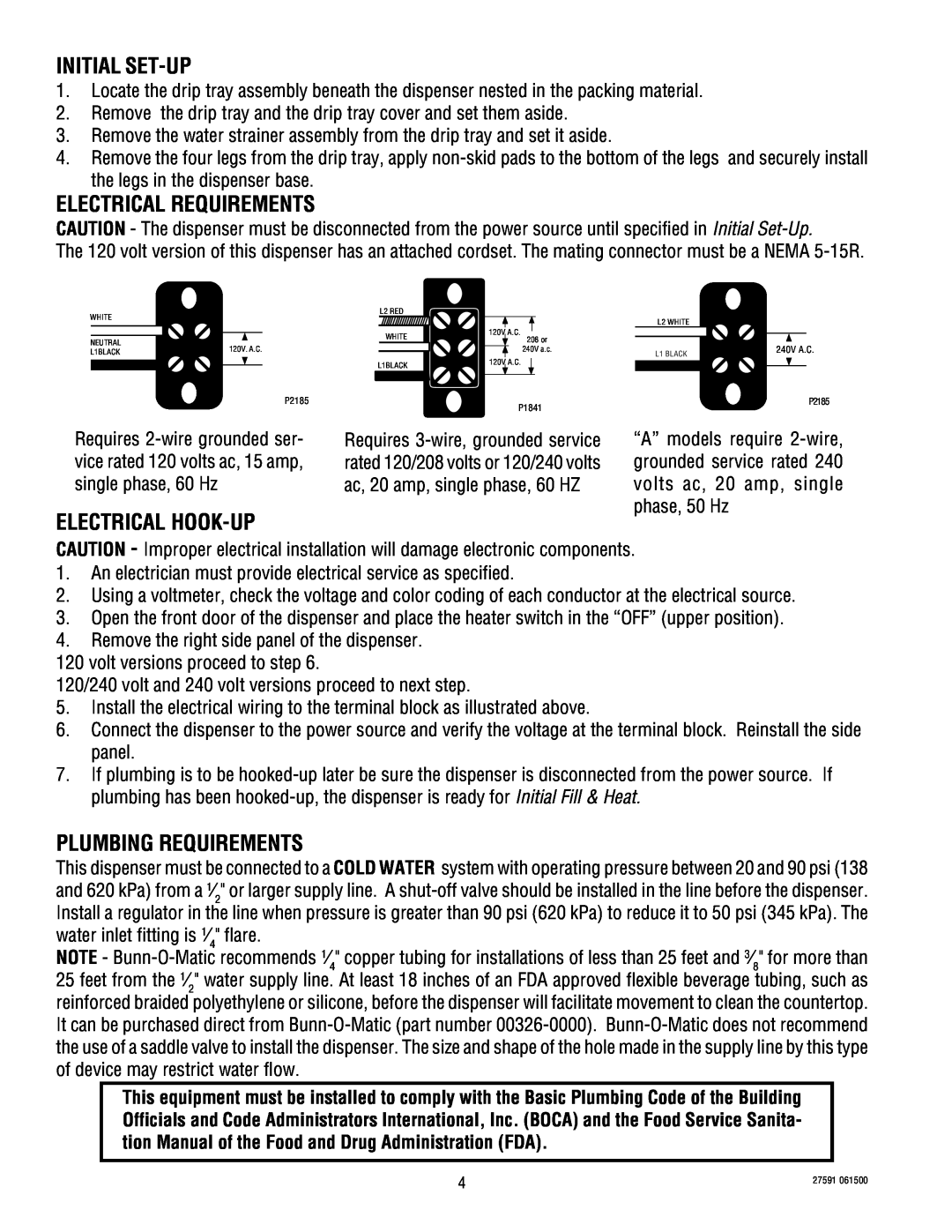Bunn HC-2 HC-3 service manual Initial Set-Up, Electrical Requirements, Electrical Hook-Up, Plumbing Requirements 